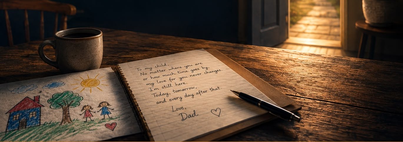 An open door onto morning light, a coffee cup and a handwritten letter on a kitchen table