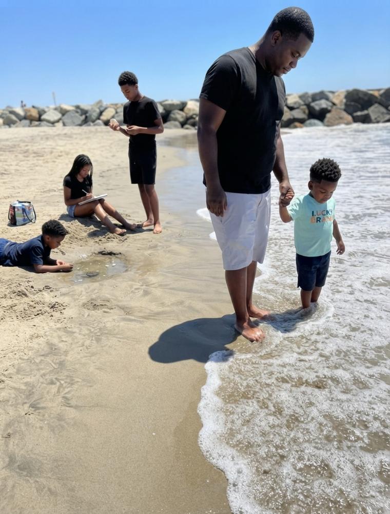 Four children on the sand — one drawing, one digging, one collecting stones — while their father walks the shoreline with the youngest
